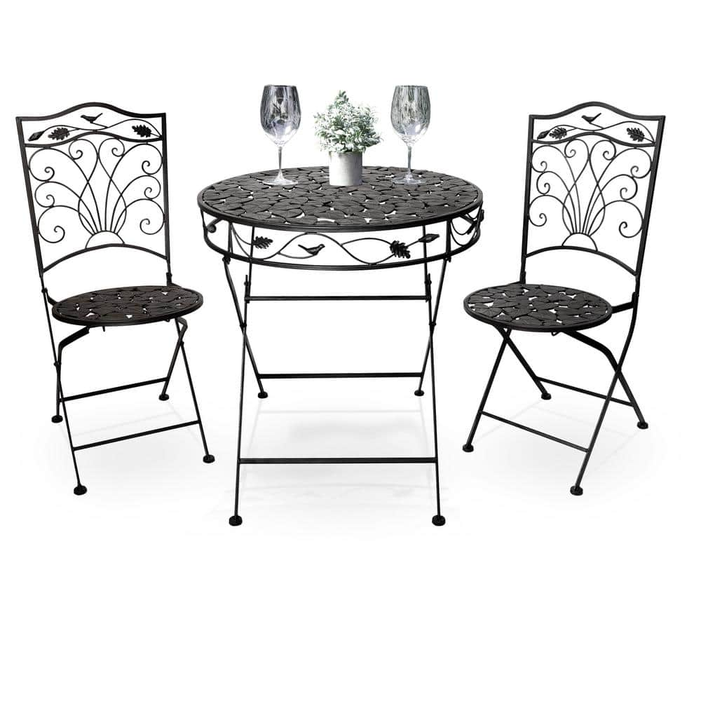 Alpine Corporation Indoor/Outdoor 3-Piece Iron Garden Bistro Set Folding Table and Chairs Patio Seating with Leaf Design BVK116A