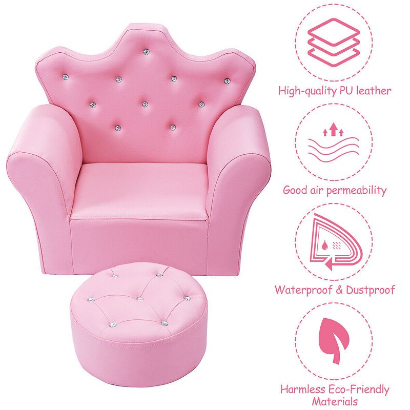 Children Upholstered Princess Sofa with Ottoman and Diamond Decoration for Boys and Girls