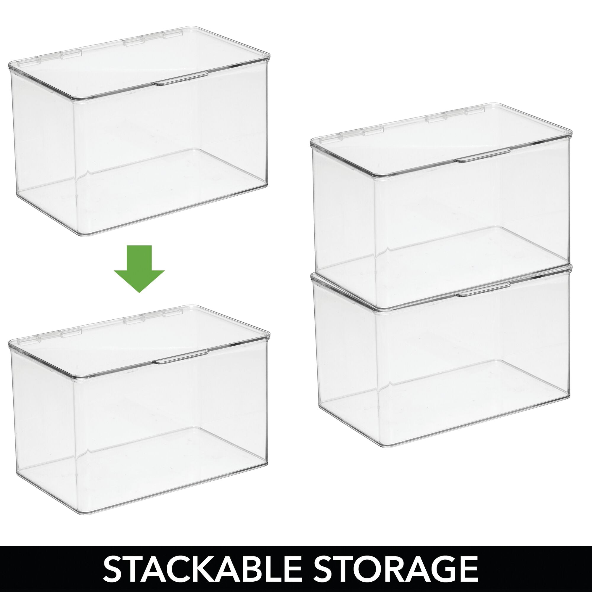 mDesign Plastic Stackable Kitchen Pantry Cabinet/Refrigerator Food Storage Container Box, Attached Lid - Organizer Bin for Coffee, Tea, Packets, Snack Bars - Pack of 4, Includes 32 Labels - Clear