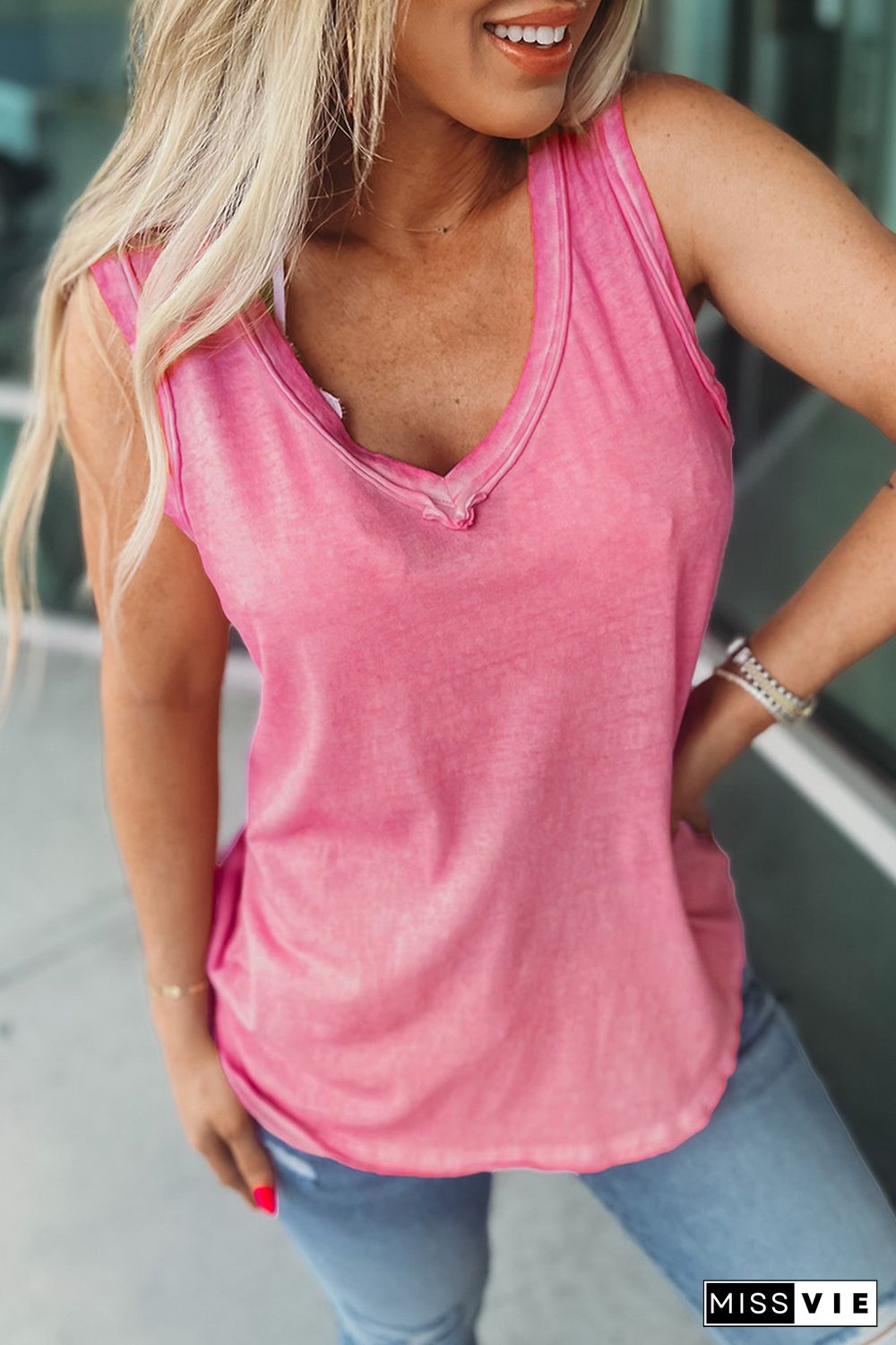 Pink Plain Seamed V Neck Tank Top