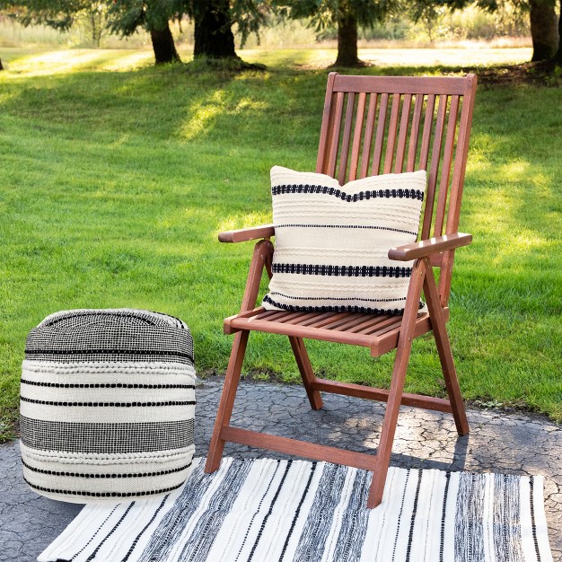 White And Black Striped Outdoor Woven Pouf Ottoman