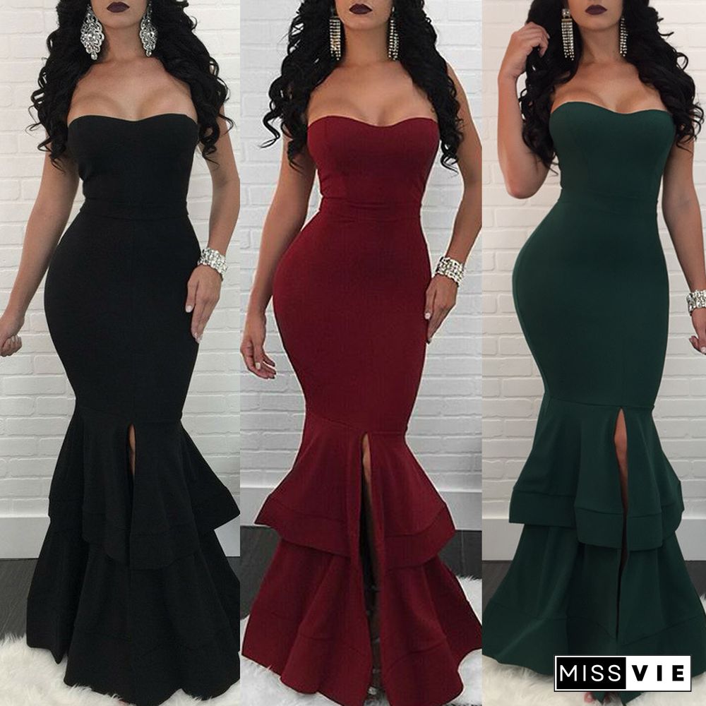 Women's Solid Color Elegant Strapless Fishtail Slit Long Dress