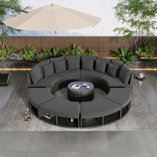 Circular Sectional Spacious Rattan Wicker Patio Furniture Set with Tempered Glass Coffee Table and 6 Pillows