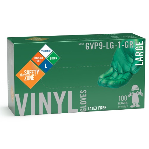 Safety Zone GVP9-1-GR Powder-Free Vinyl Gloves， Large， Green， Case of 1000