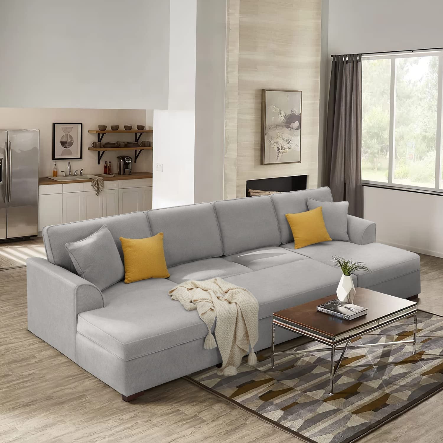 Mellcom U-Shaped Sectional Sofa with Pull-Out Bed, Upholstered Modular Couch with Storage, Gray