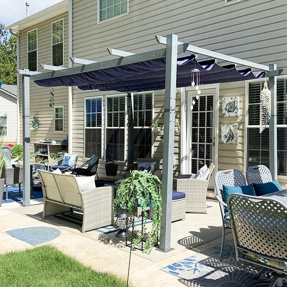 PURPLE LEAF Outdoor Aluminum Grey Wood Grain Frame Gazebo With Adjustable Canopy Patio Gazebo