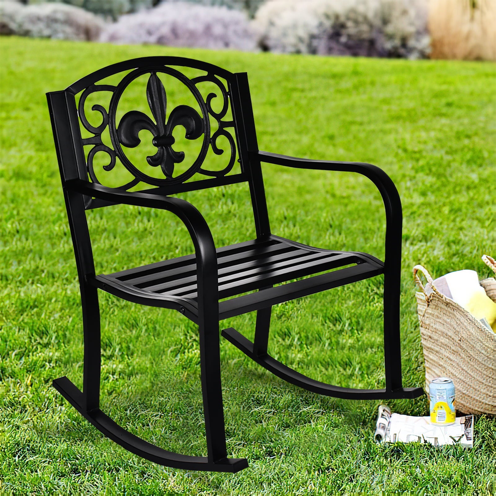 Magic Union Outdoor Rocking Chair Cast Iron for Patio Garden Backyard, Black