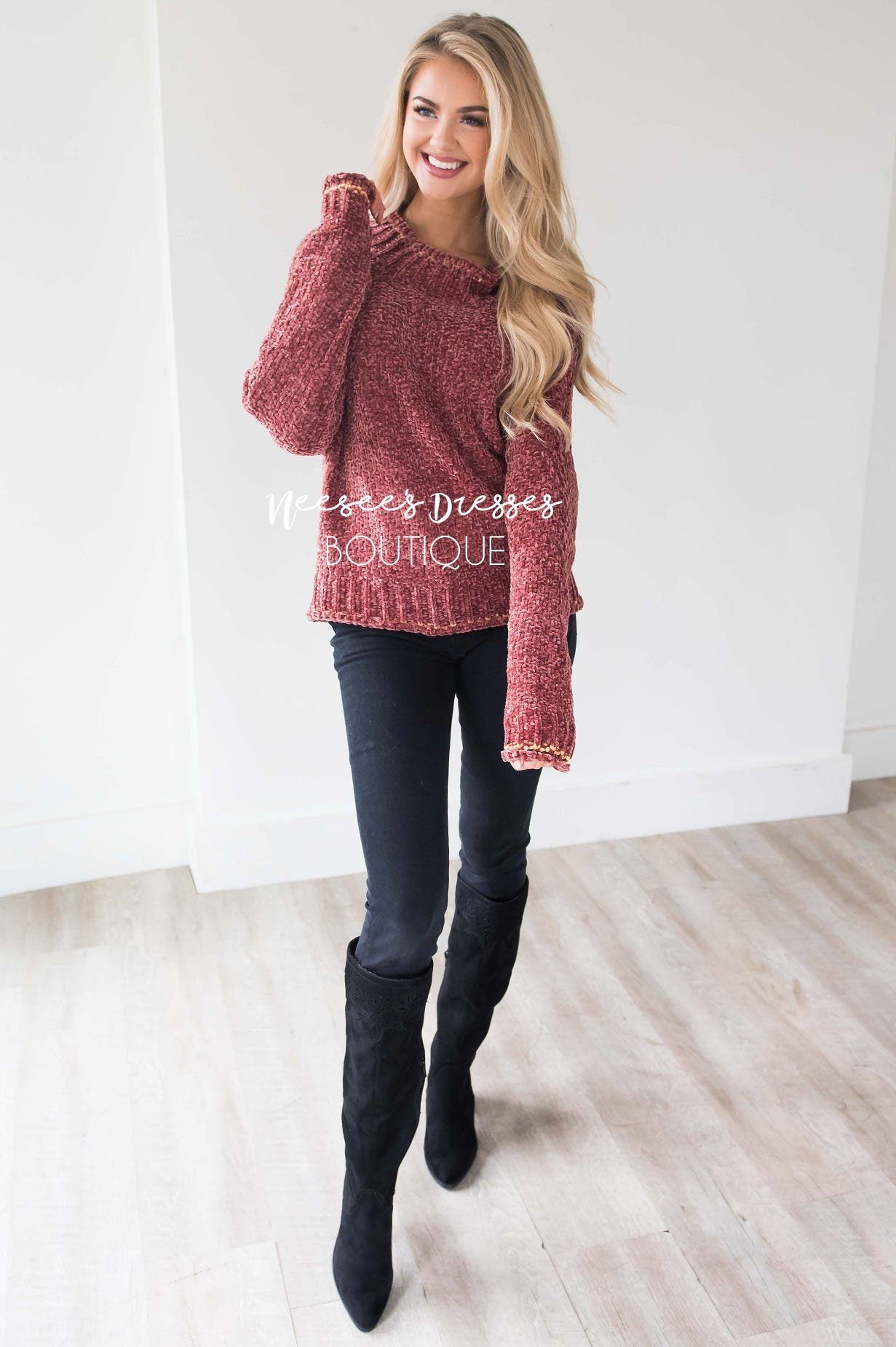 Soft Chenille Contrast Stitch Knit Sweater