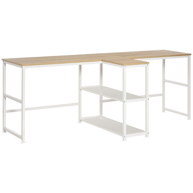 Two Person Computer Desk With 2 Storage Shelves Double Desk Workstation With Book Shelf Long Desk Table For Home Office