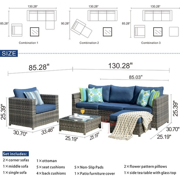 OVIOS Patio Furniture Deep Seat Wicker 6piece Set with Cushions