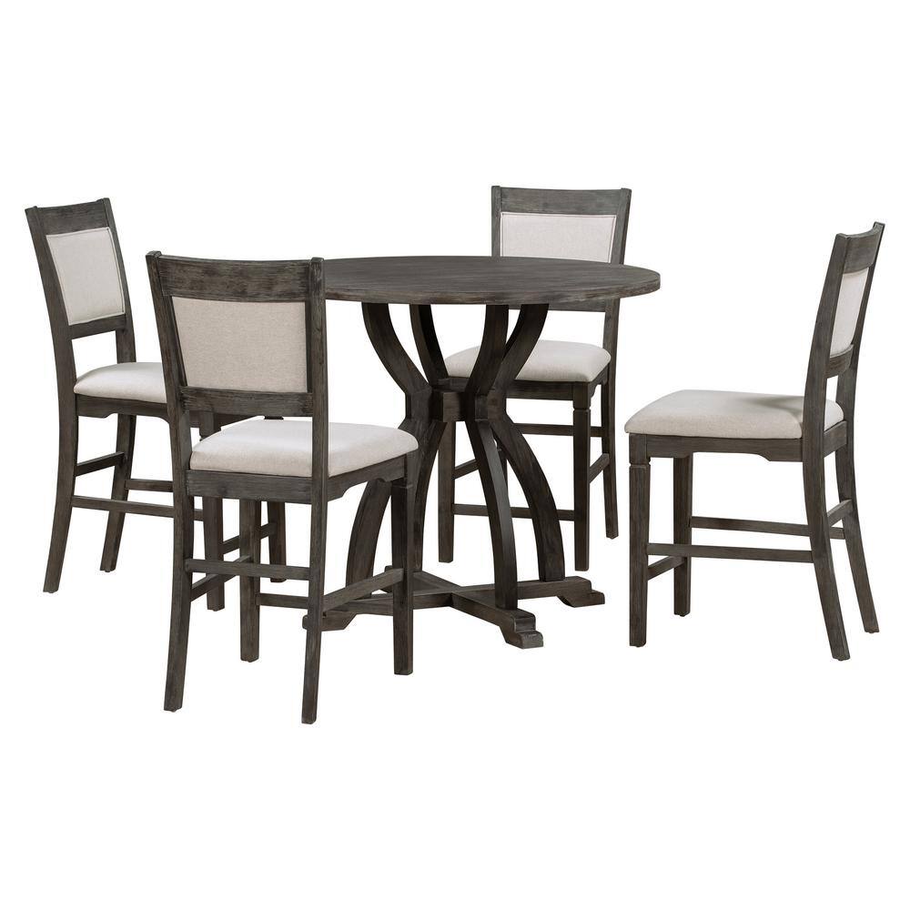 Harper  Bright Designs Farmhouse 5-Piece Gray Round MDF Top Dining Table Set Seats 4 with 4 Upholstered Chairs DT144AAE