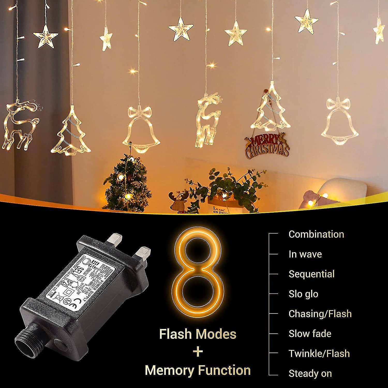 Curtain Fairy Lights， 138 Led Star Curtain String Lights With Christmas Tree Reindeer Bells 8 Flash Modes Plug-in Indoor Outdoor Decor Lightning Chris