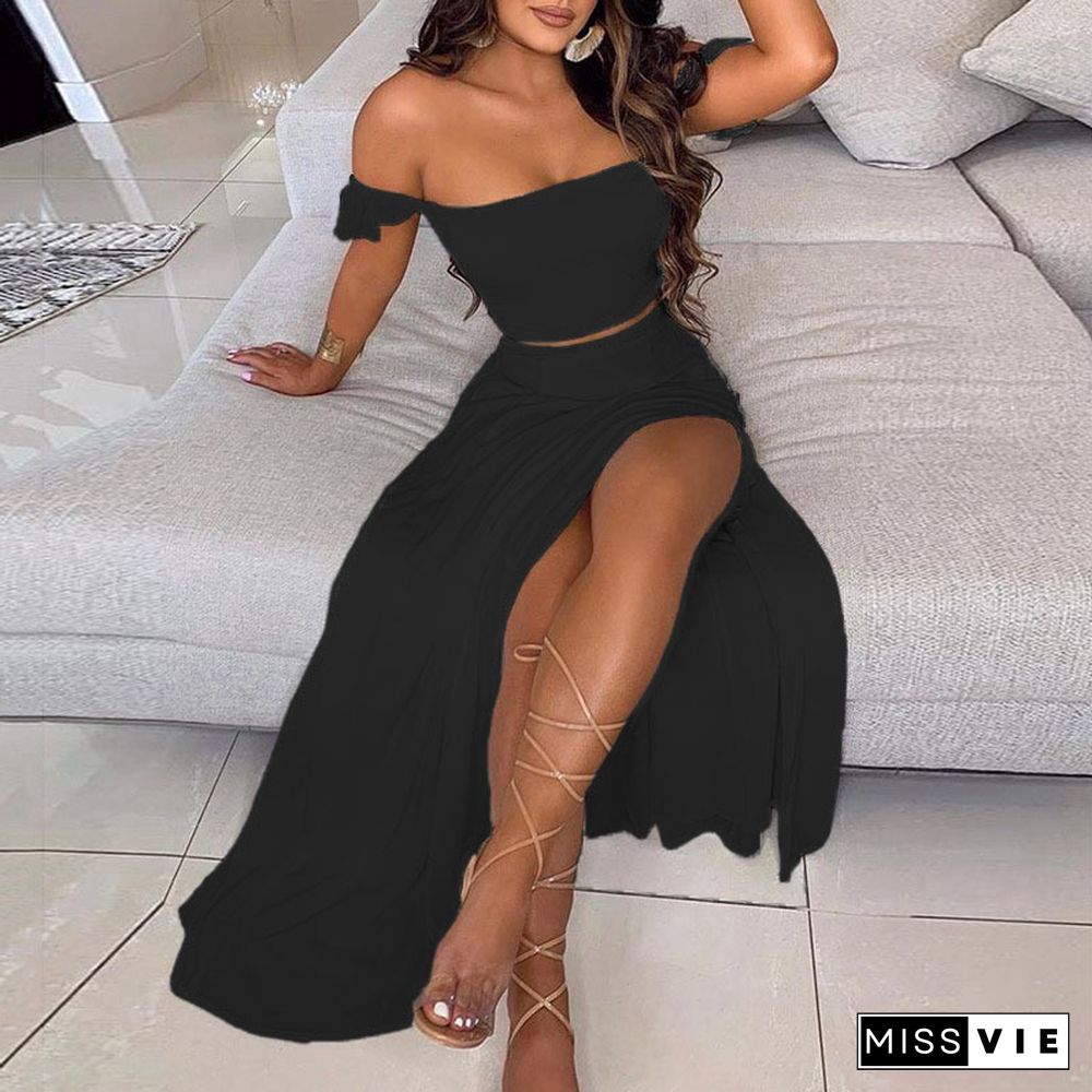 Off Shoulder Women Two Piece Set Sexy Slash Neck TopAnd Slit Summer Long Party Dress Suits Spring Floral Print Skirts Sets