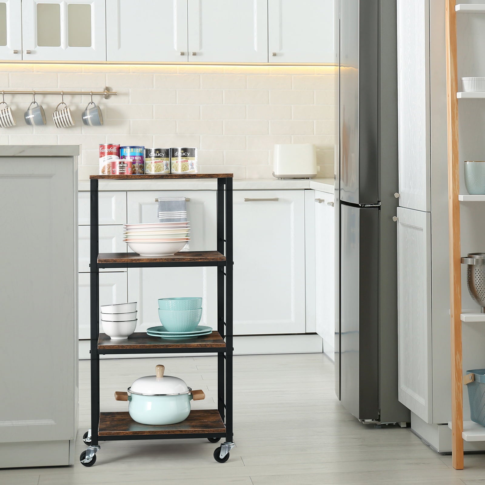 Standing Kitchen Utility Storage Shelf Rack， 4-Tier Kitchen Baker’s Rolling Cart on Wheels ，12.8D x 16.9W x 34.6H