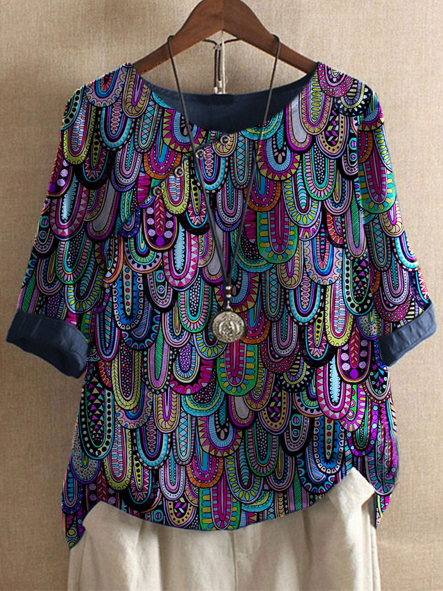 Round Neck Casual Loose Vintage Print Short Sleeve Blouse