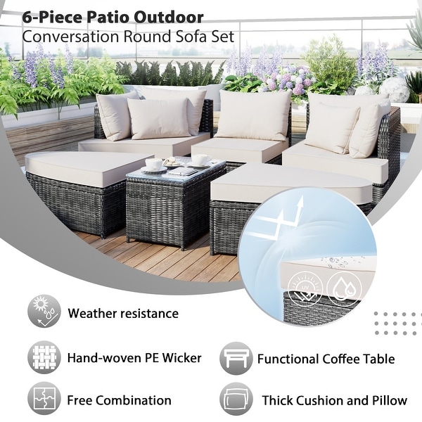 6Piece Patio Outdoor Conversation Sets Round Sectional Sofa，AllWeather PE Wicker Rattan Separate Seating Group with Table