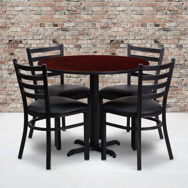 Flash Furniture 36'' Round Mahogany Laminate Table Set with 4 Ladder Back Metal Chairs - Black Vinyl Seat [HDBF1030-GG]