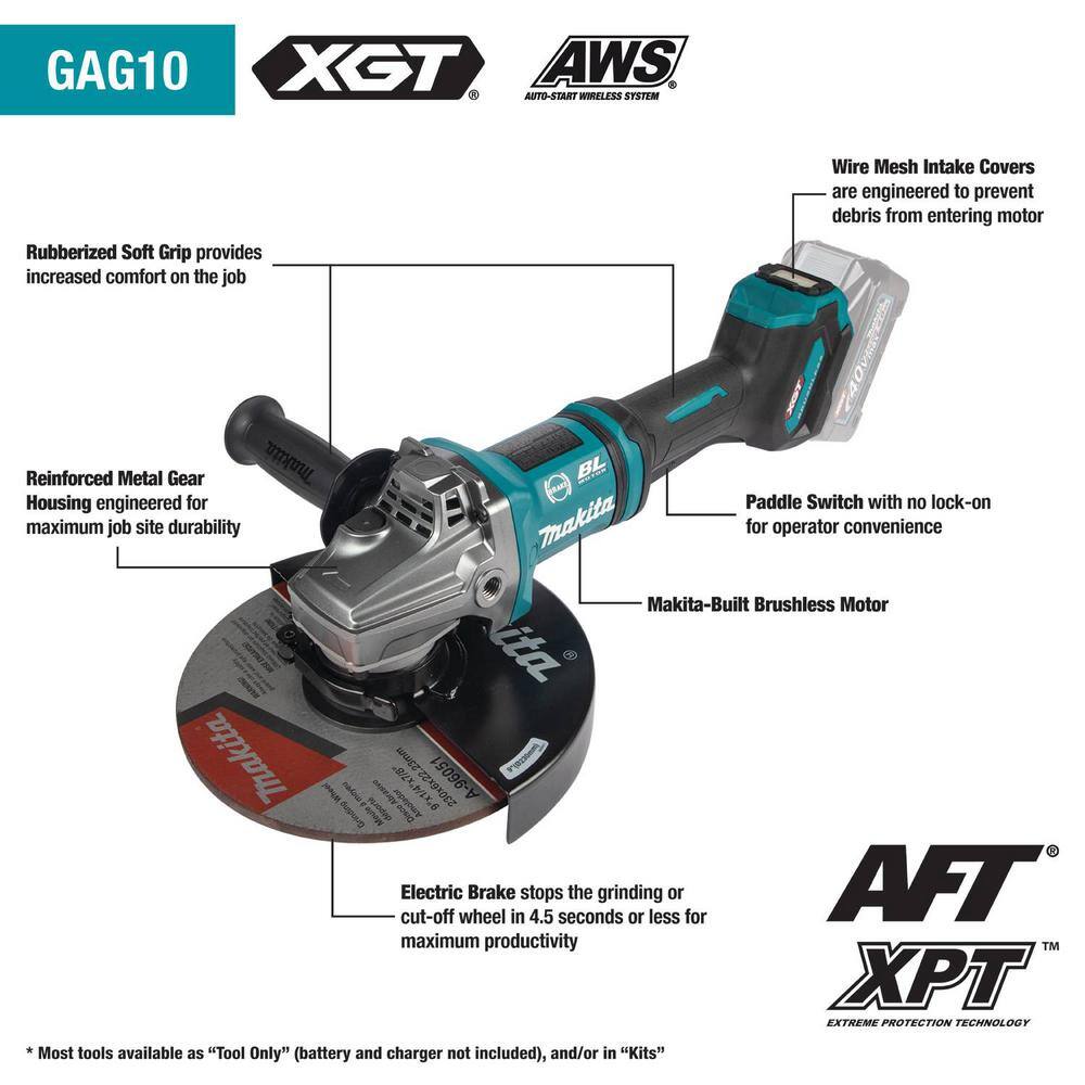 Makita 40V Max XGT Brushless Cordless 79 in. Paddle Switch Angle Grinder with Electric Brake AWS (Tool Only) GAG10Z