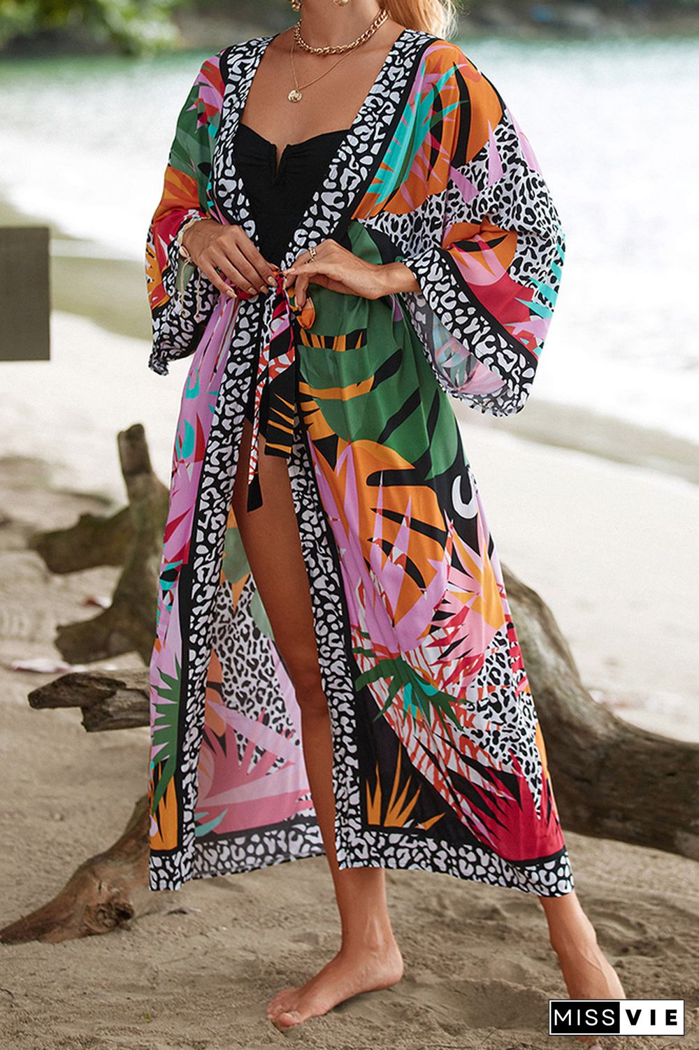 Colorblock Printing Beach Cover Up Kimono