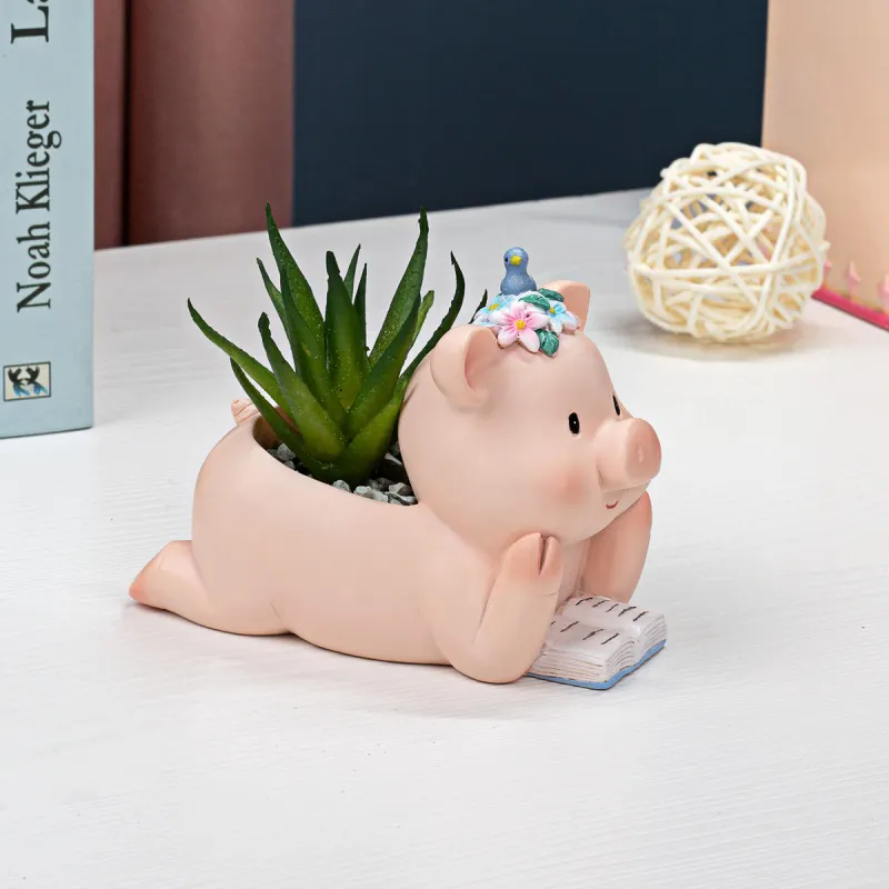 garden supplies wholesale small ceramic animal succulent pot Cartoon Little Pork Resin Flower Pot Bonsai Planter Pot for home