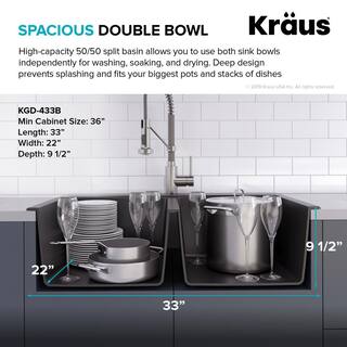 KRAUS Quarza Black Onyx 33 Inch Drop-in  Undermount 5050 Double Bowl Granite Kitchen Sink KGD-433B