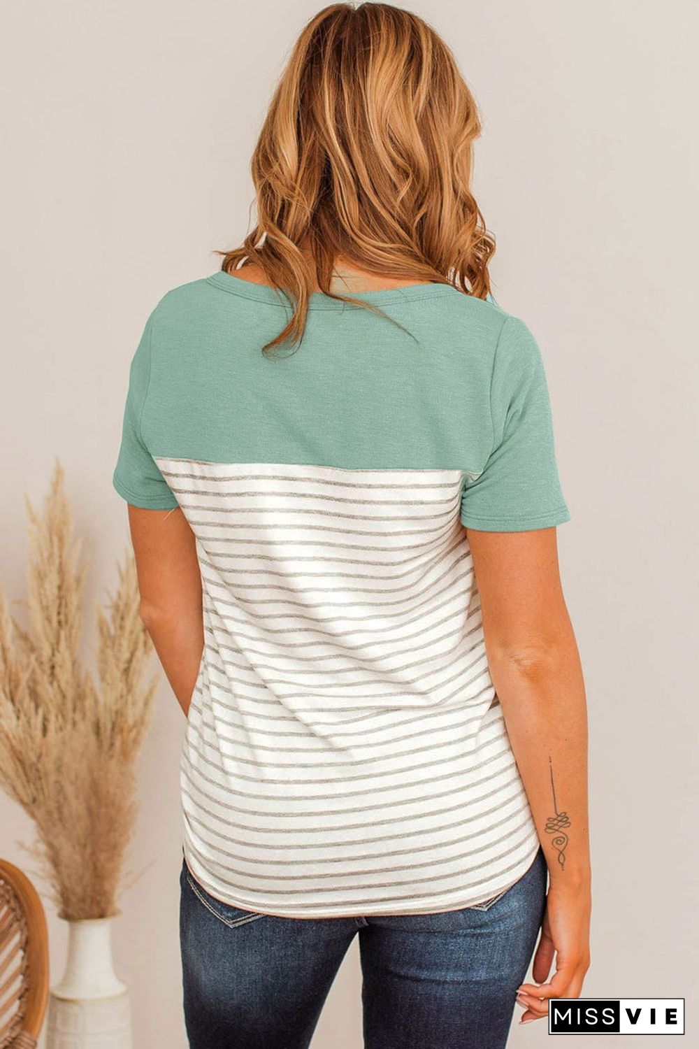 Green Contrast Striped Plus Size Short Sleeve Tee