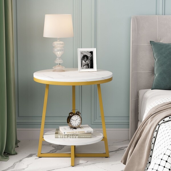 Round End Table， 2 Tier Side Table Nightstand with Storage for Living Room