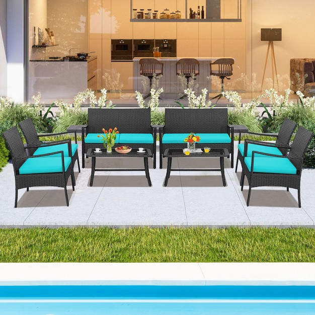 Costway 8pcs Patio Wicker Furniture Set Cushioned Chairs amp Loveseat With Coffee Table Garden