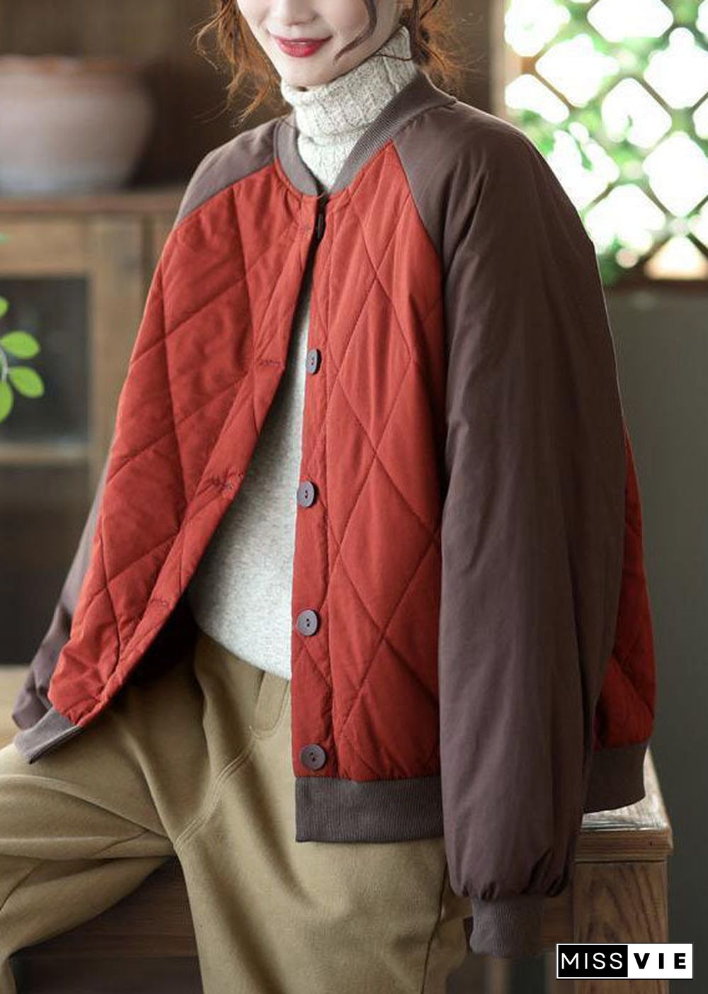 Bohemian Red Oversized Patchwork Fine Cotton Filled Jackets Winter