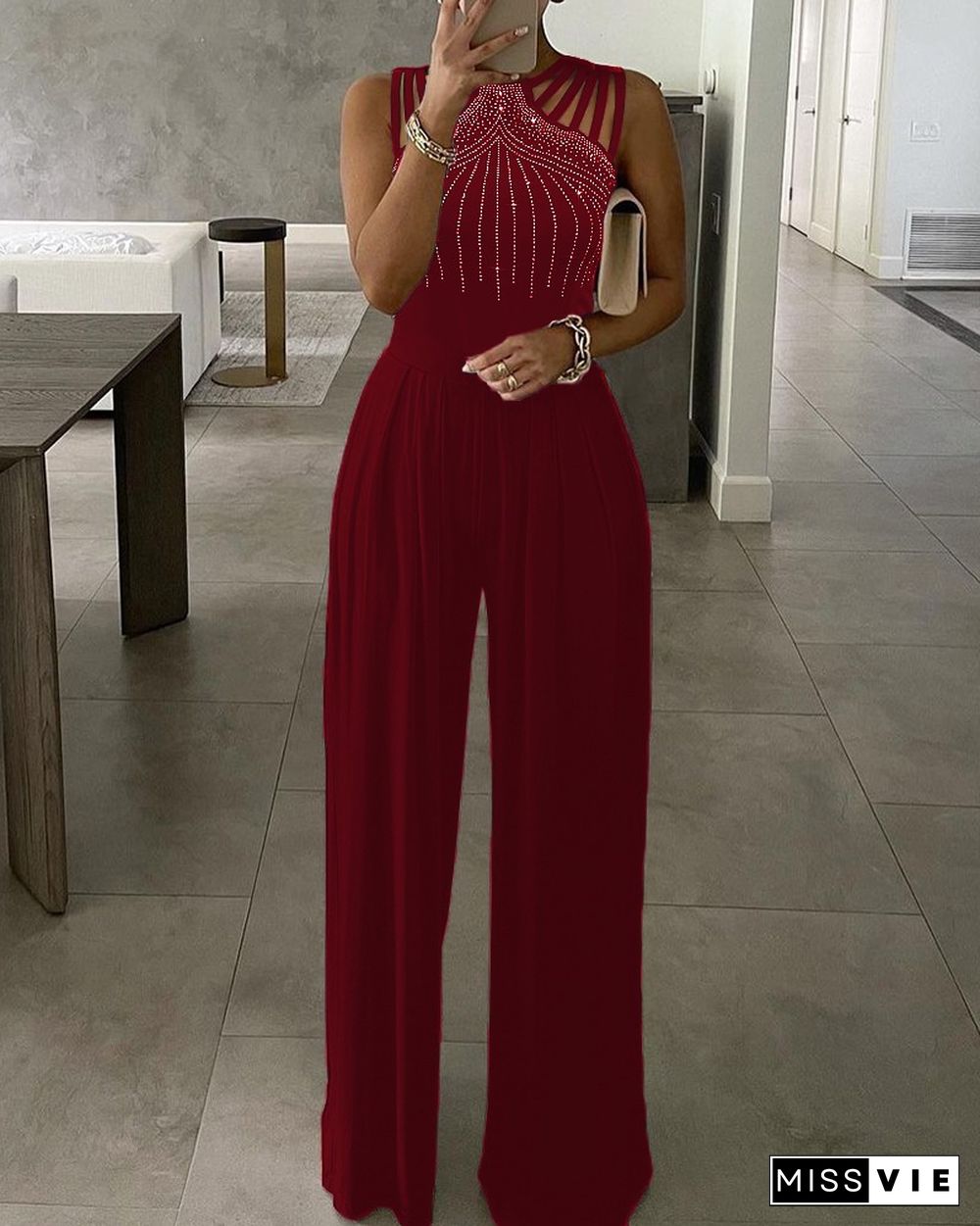 Studded Cutout Ruched Wide Leg Jumpsuit