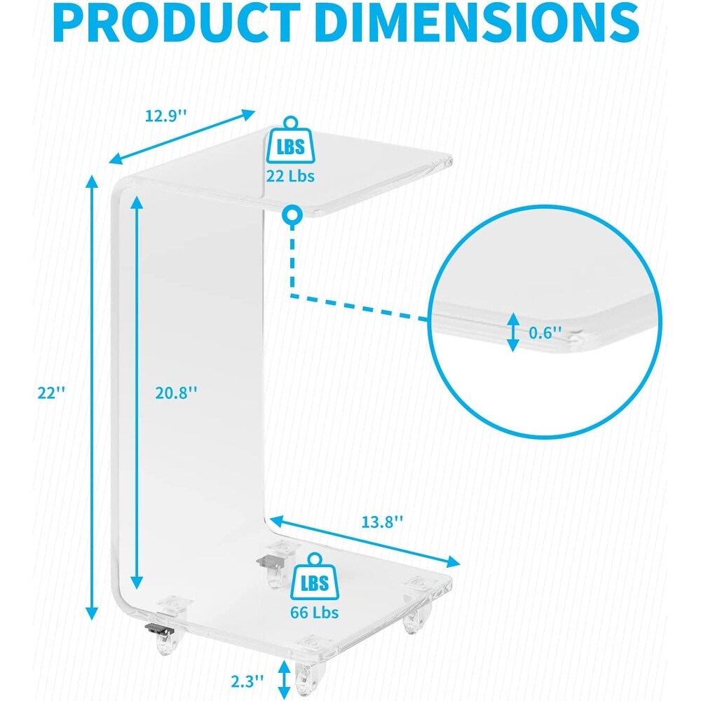 Mixoy C Shape End Table  Acrylic Side Table with Lockable Universal Wheels  Transparent Coffee Table for Storage