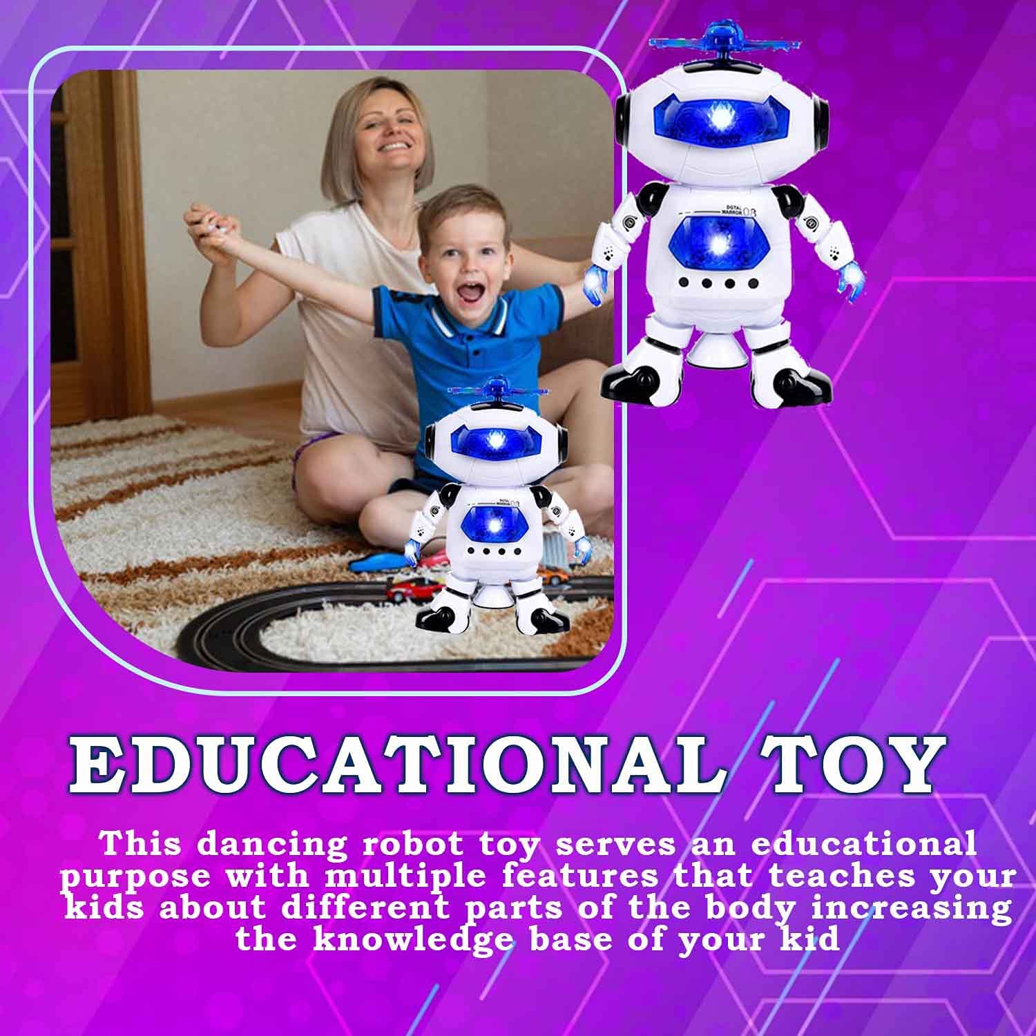 Toysery walking Robot for kids - 360° Body Spinning Dancing Robot Toy with LED Lights Flashing and Music， electronic learning toy robot