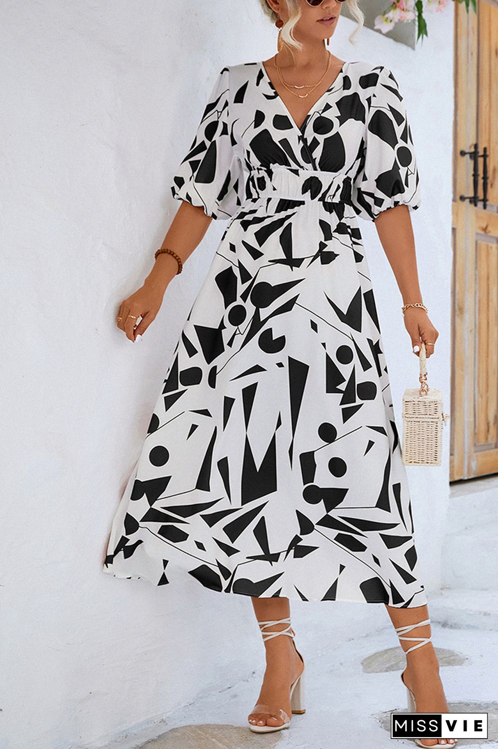 Wrap V Neck Geometric Print Bubble Sleeves Maxi Dress