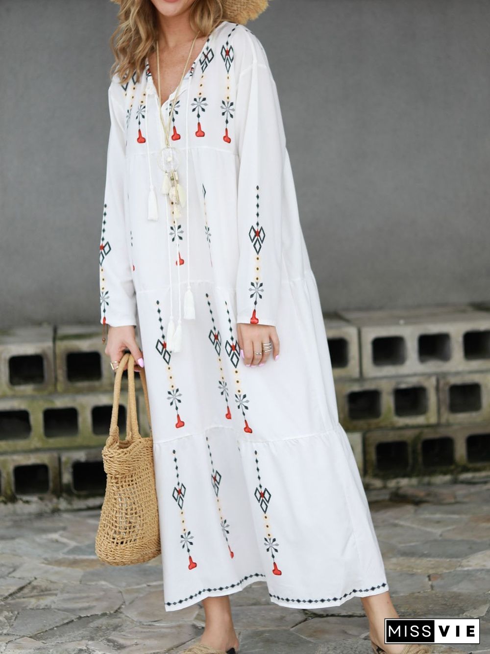 Floral Fringed Boho Summer Dress White Dresses