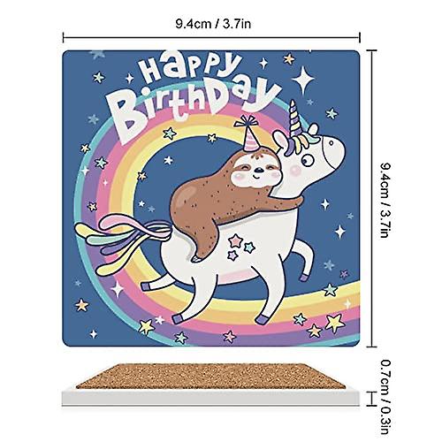 Colourlife Square Drink Coasters 1 Pcs Happy Birthday With Sloth And Unicorn Absorbent Ceramic Coffee Coasters For Drinks With Cork Base Housewarming