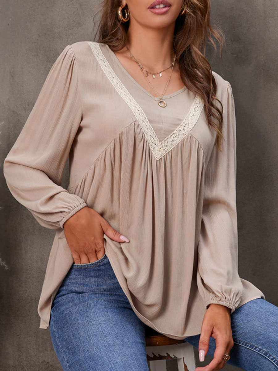 V-neck Casual Loose Lace Panel Long Sleeve Blouse