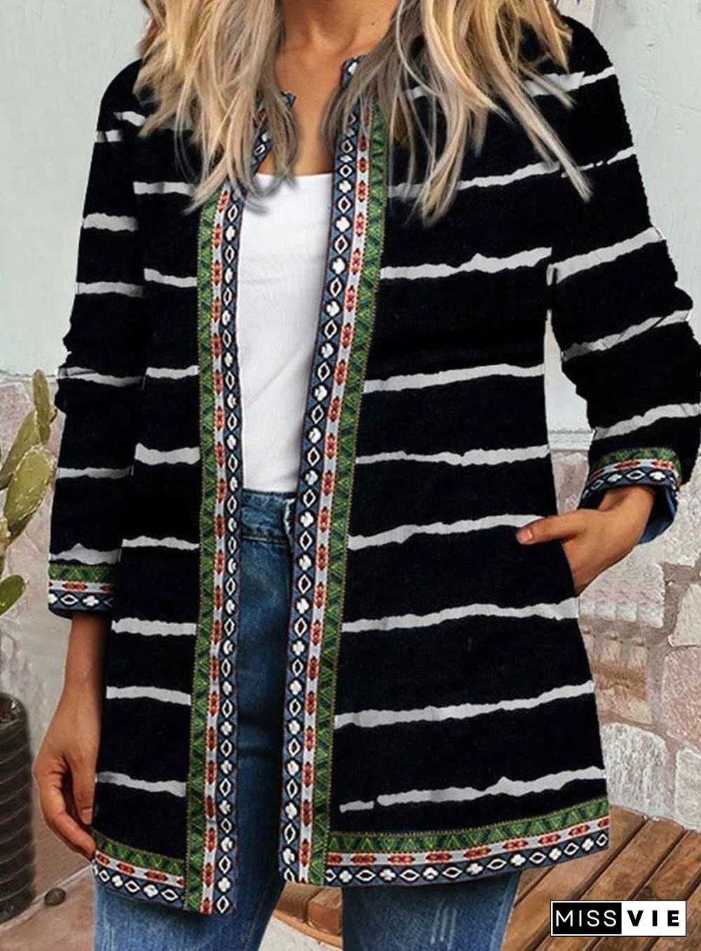 Striped Print Casual Loose Cardigan Jacket