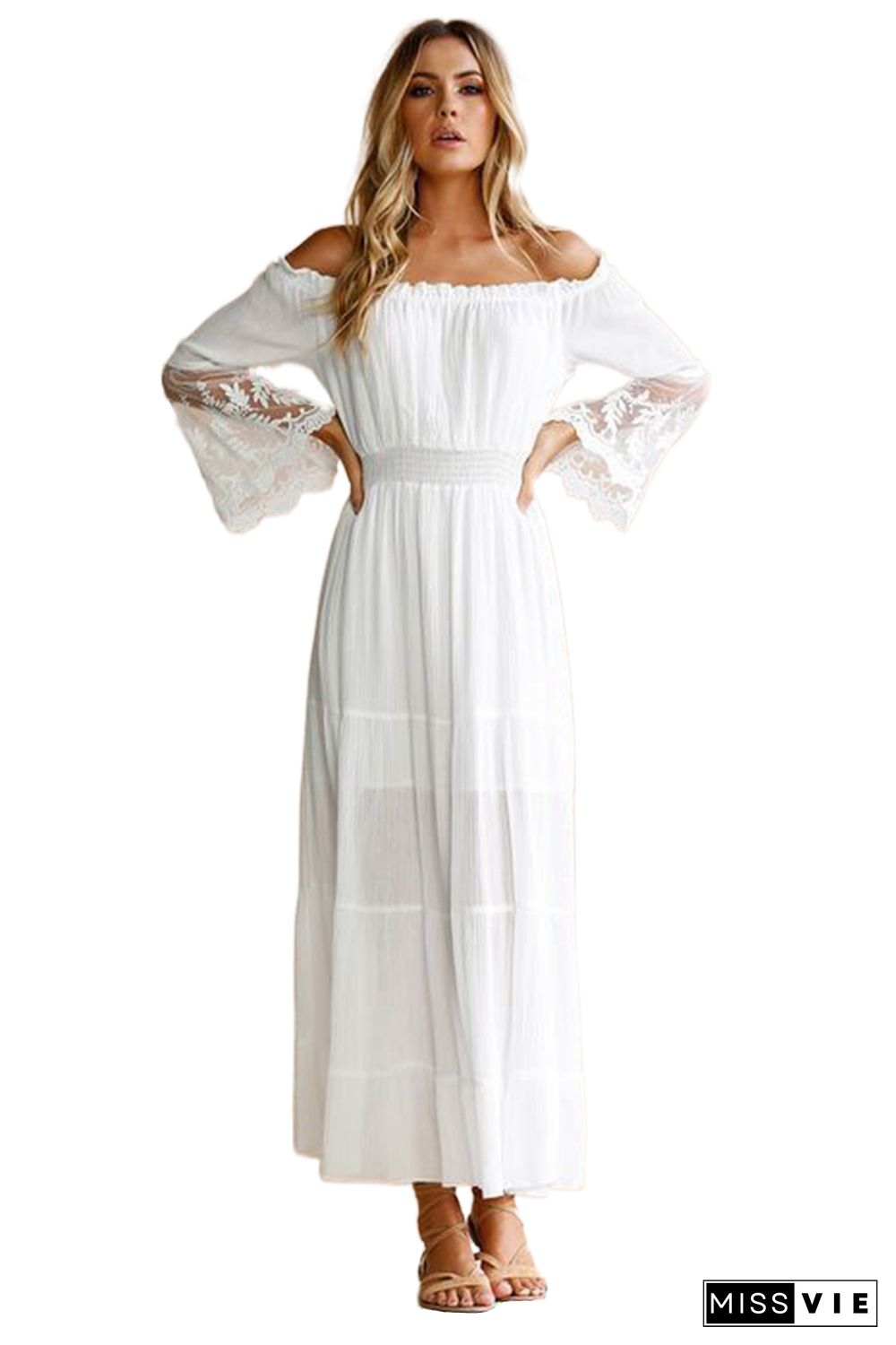 White Off Shoulder Embroidered Flared Sleeve Lace Maxi Dress