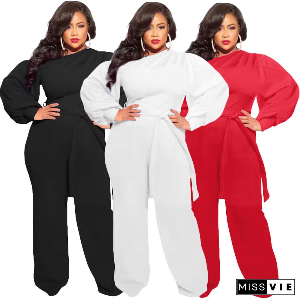 Long Sleeve Lace Up Plus Size Wide Leg Jumpsuits