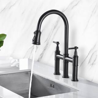 YASINU Double Handle Bridge Kitchen Faucet with Pull-Down Sprayhead in Matte Black YNBA707-MB