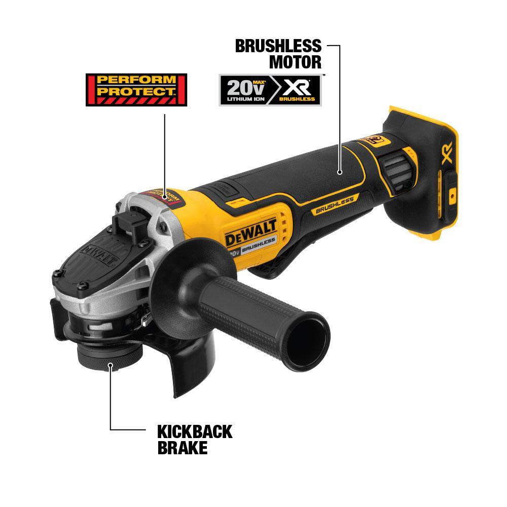 DW 20V MAX XR Cordless Brushless 4.5 in. Paddle Switch Small Angle Grinder (1) 20V 5.0Ah Battery Charger and Kit Bag DCB205CKWCG413B