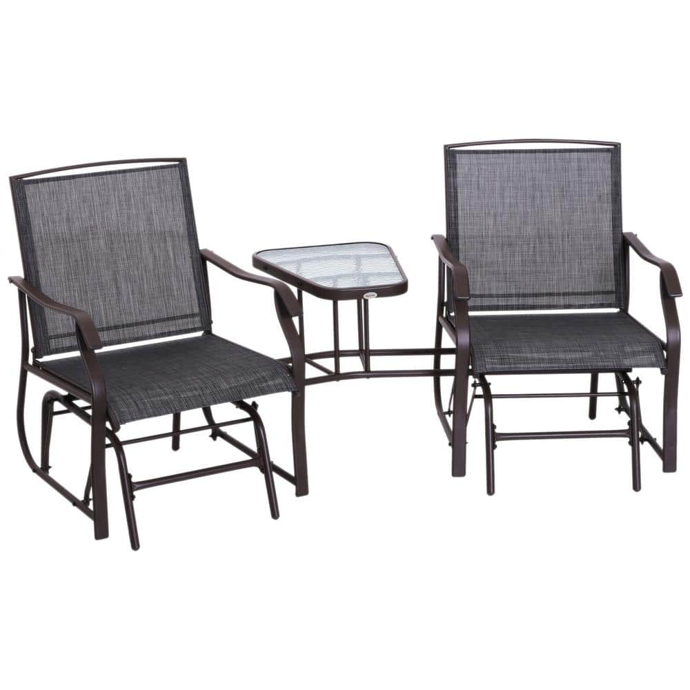 Outsunny 3-Piece Metal Frame Sling Grey Fabric Patio Conversation Set Double Rocker Chair with Center Coffee Table 84A-084