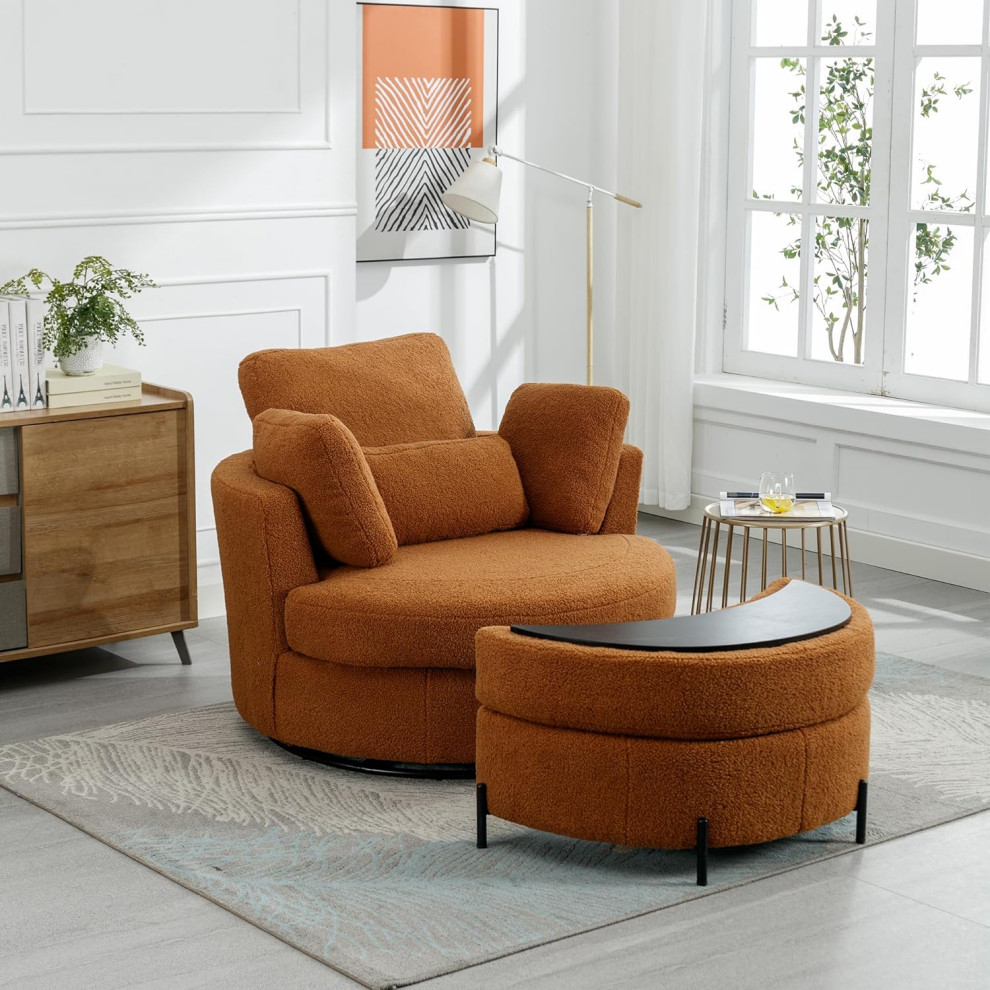 Swiveling Accent Chair  Barrel Design  ampCurved Storage Ottoman   Modern   Armchairs And Accent Chairs   by Decor Love  Houzz