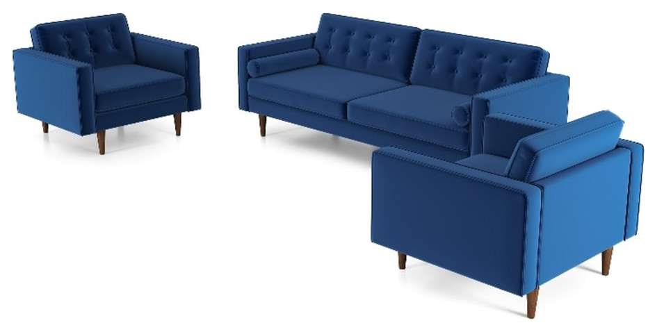 Mase 3 Piece Mid Century Velvet Sofa and 2 Lounge Chairs Set in Blue   Midcentury   Living Room Furniture Sets   by Homesquare  Houzz