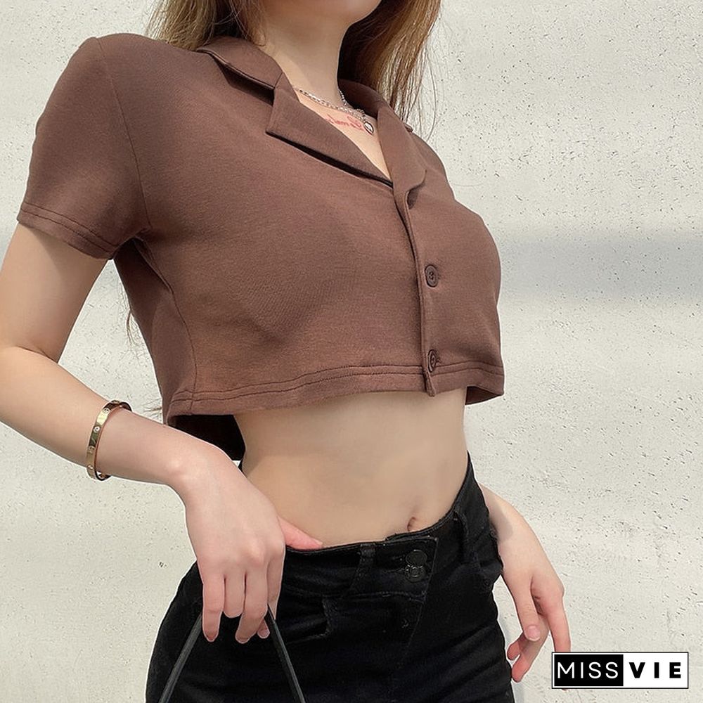 Weekeep Brown Summer Short Sleeve Cardigan Vintage Turn-Down Collar Buttons Crop Top Women'S Loose Streetwear Tee Shirt Harajuku