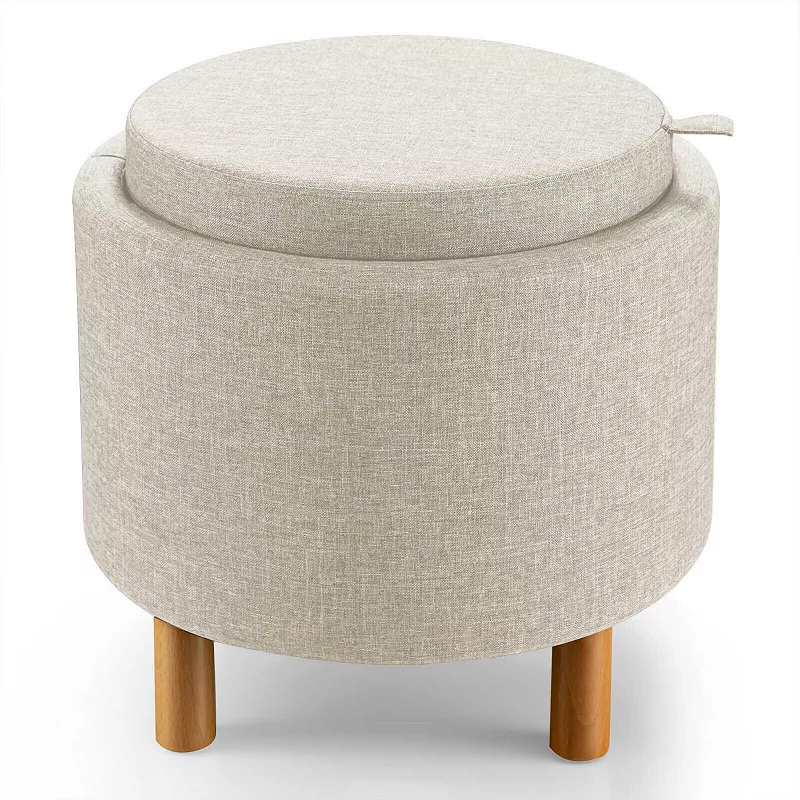 Round Fabric Storage Ottoman with Tray and Non-Slip Pads for Bedroom