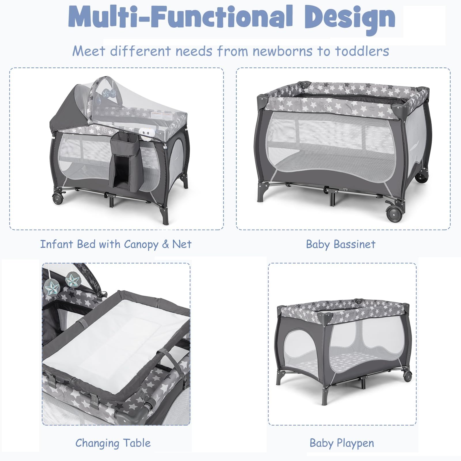 BABY JOY 4 in 1 Pack and Play, Portable Baby Playard with Bassinet