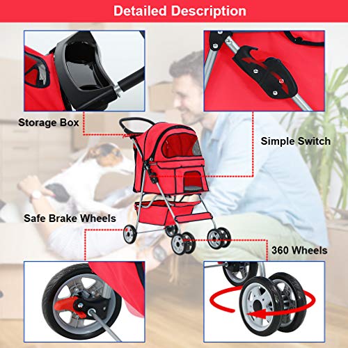 BestPet， Cat Carrier Stroller， 4 Wheels， Red