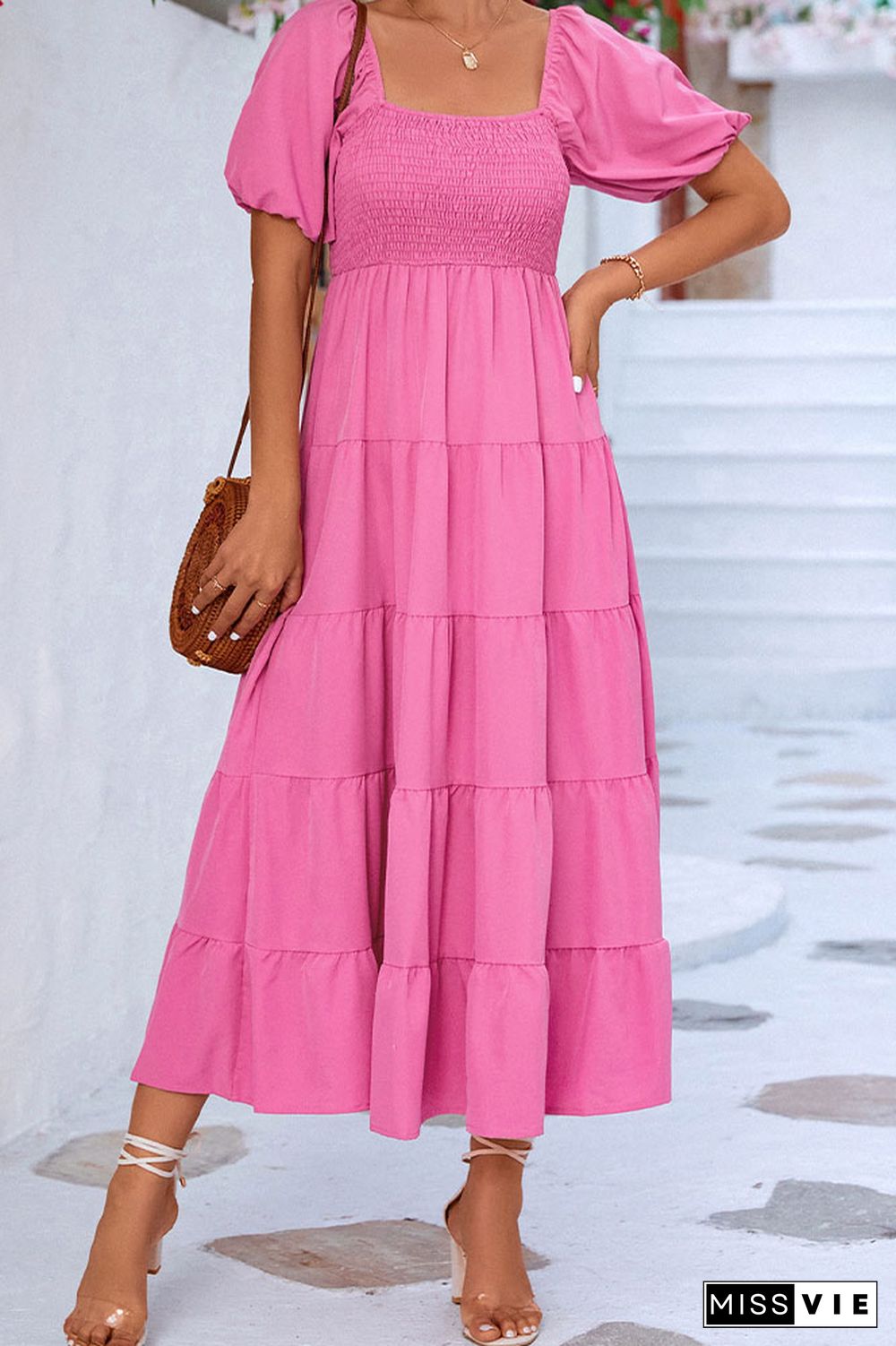 Puff Sleeves Square Neck Splicing Ruffle Long Dress