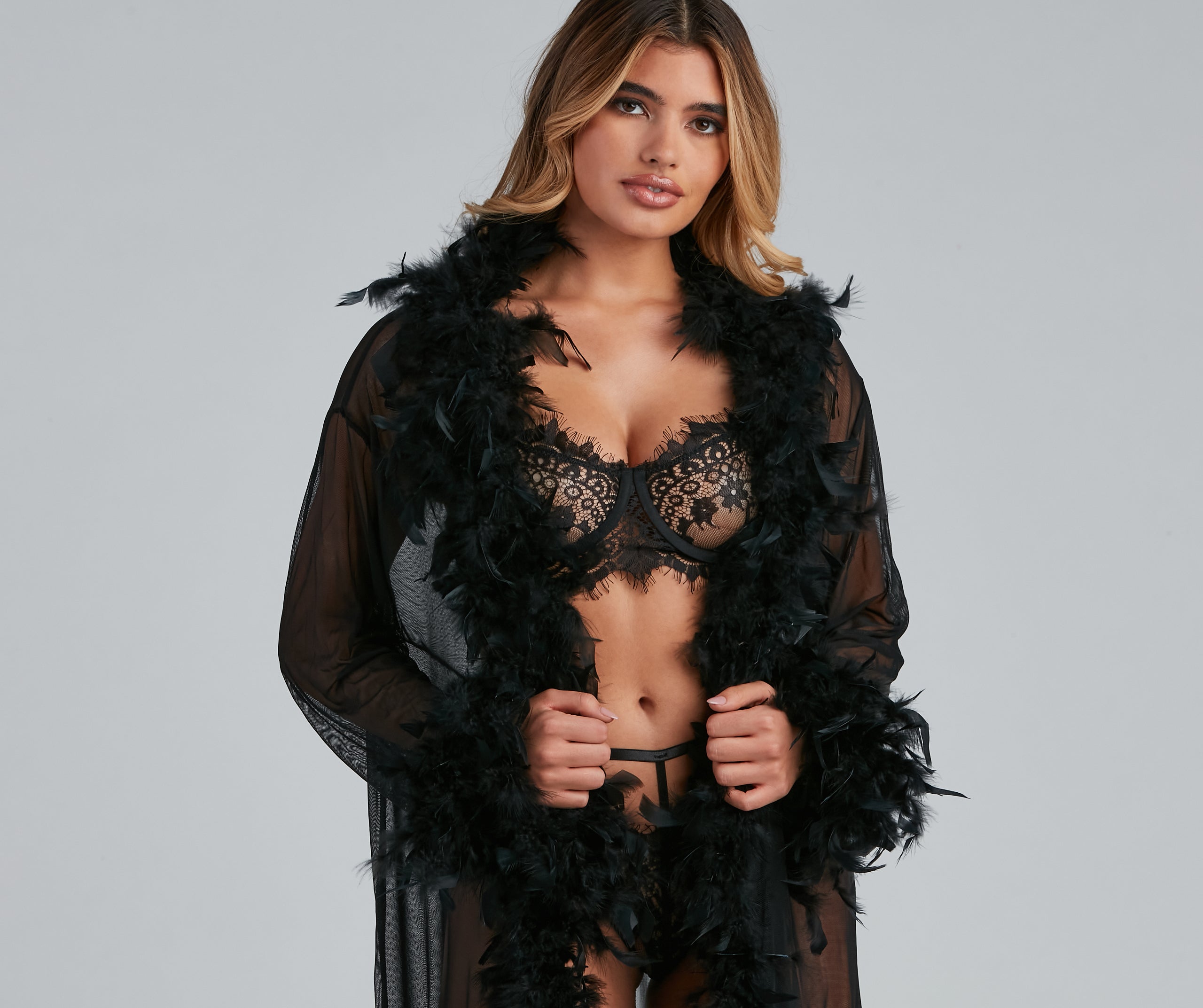 Always Extra Feather Trim Long Robe